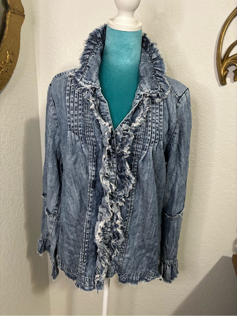 Jane Ruffle Denim Jacket Shirt Blazer Acid Wash Boho Cottagecore Medium